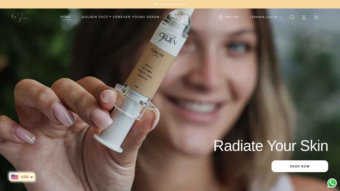 Golden Face beauty store built by FlowPay — Forever Young serum product page